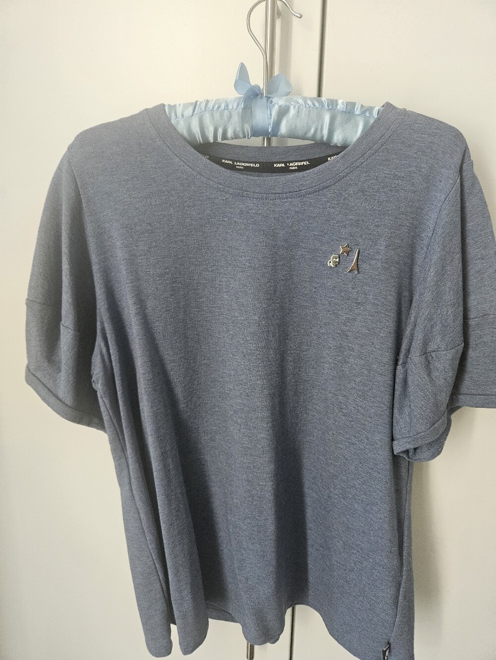 Karl Lagerfeld Heather Blue Crew Neck Tee with Pin Detail